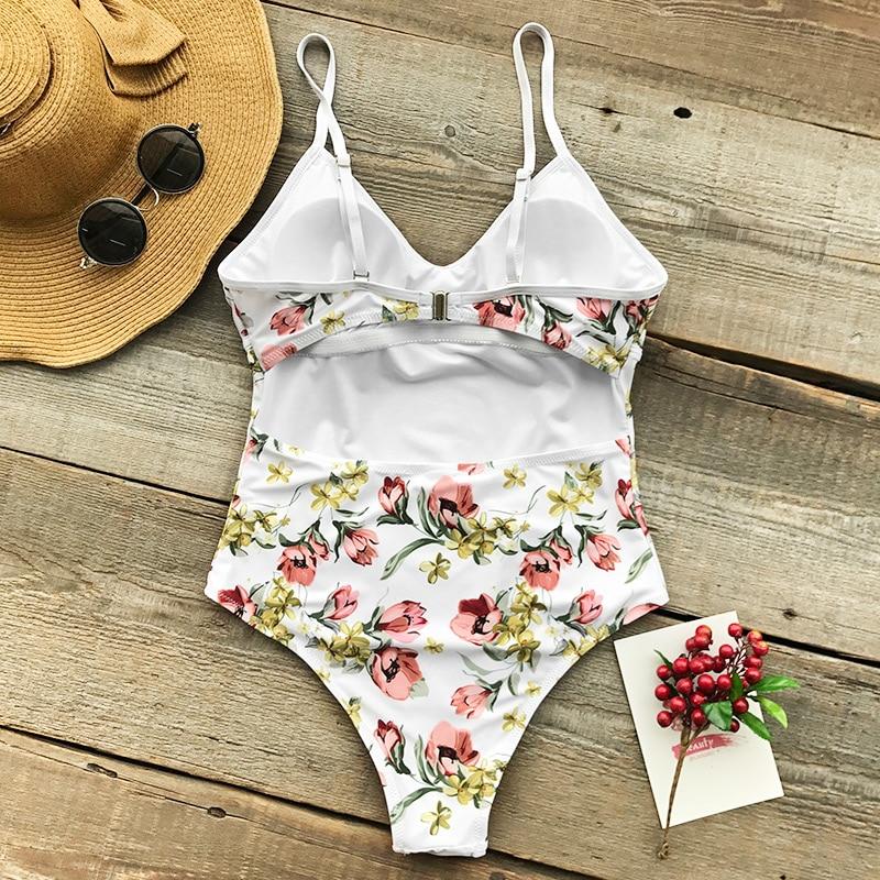 Tropical Pink Floral Print V-neck One Piece Swimsuit