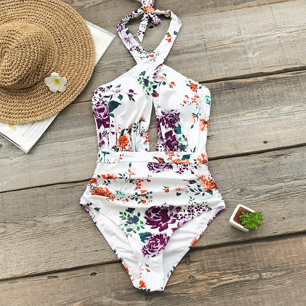 Floral Print Ruched Halter One Piece Swimsuit