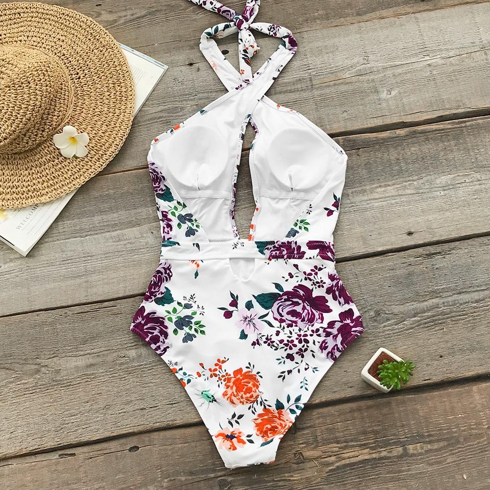 Floral Print Ruched Halter One Piece Swimsuit