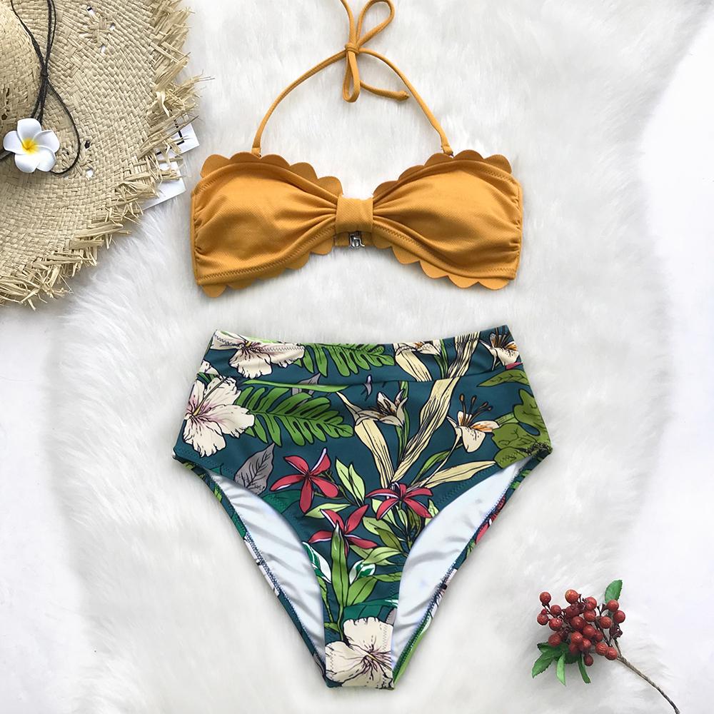 Yellow And Floral Tropical Print High Waist Bikini Set