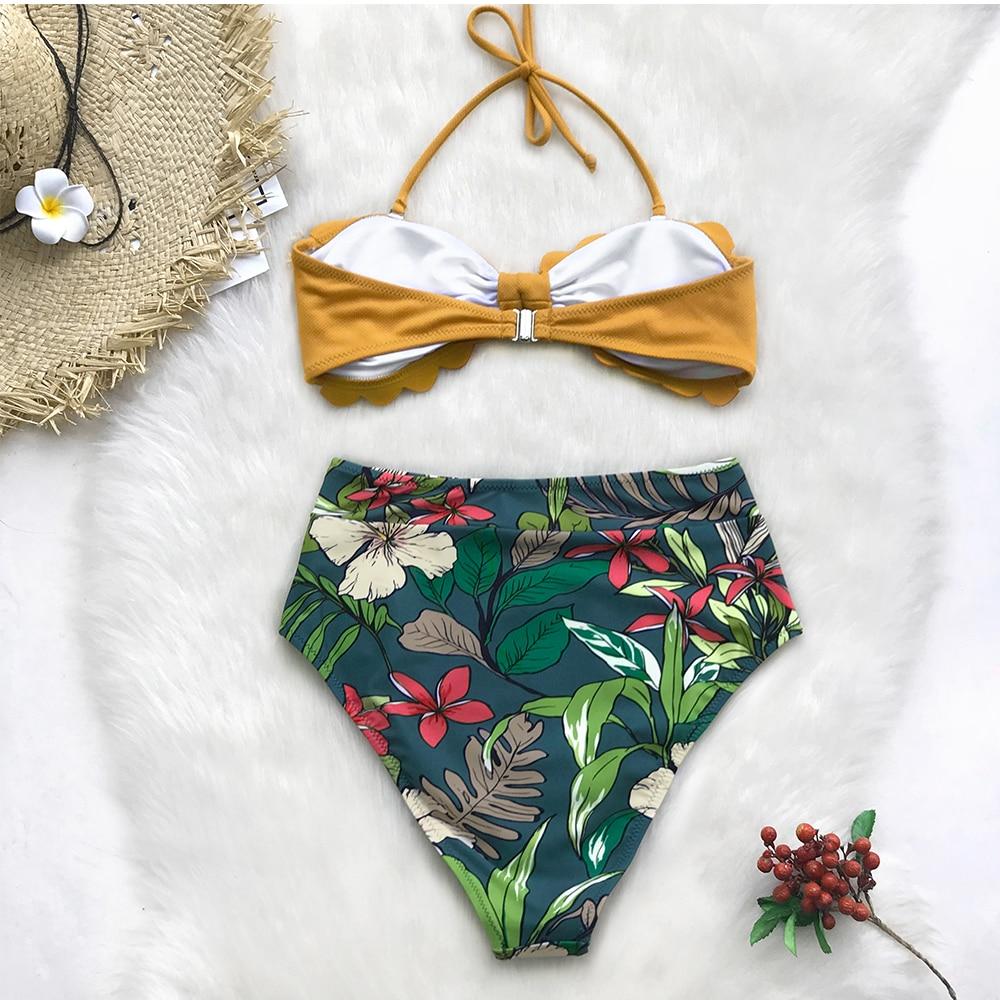 Yellow And Floral Tropical Print High Waist Bikini Set