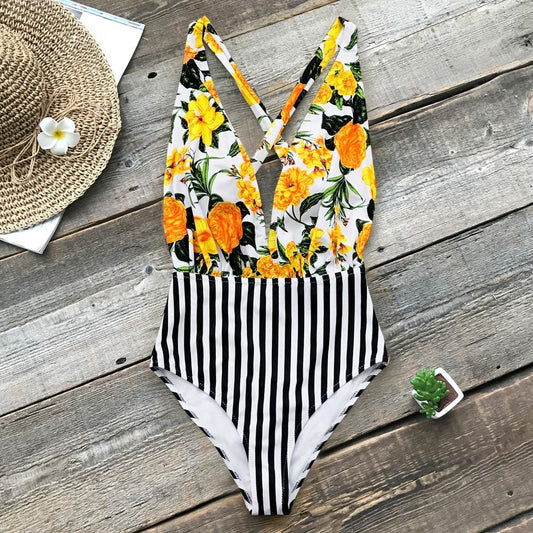 Yellow Floral And Black Stripe One Piece Swimsuit