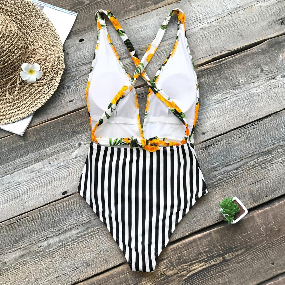 Yellow Floral And Black Stripe One Piece Swimsuit