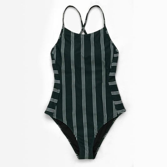 Dark Green And White Striped Lace-Up One-Piece Swimsuit