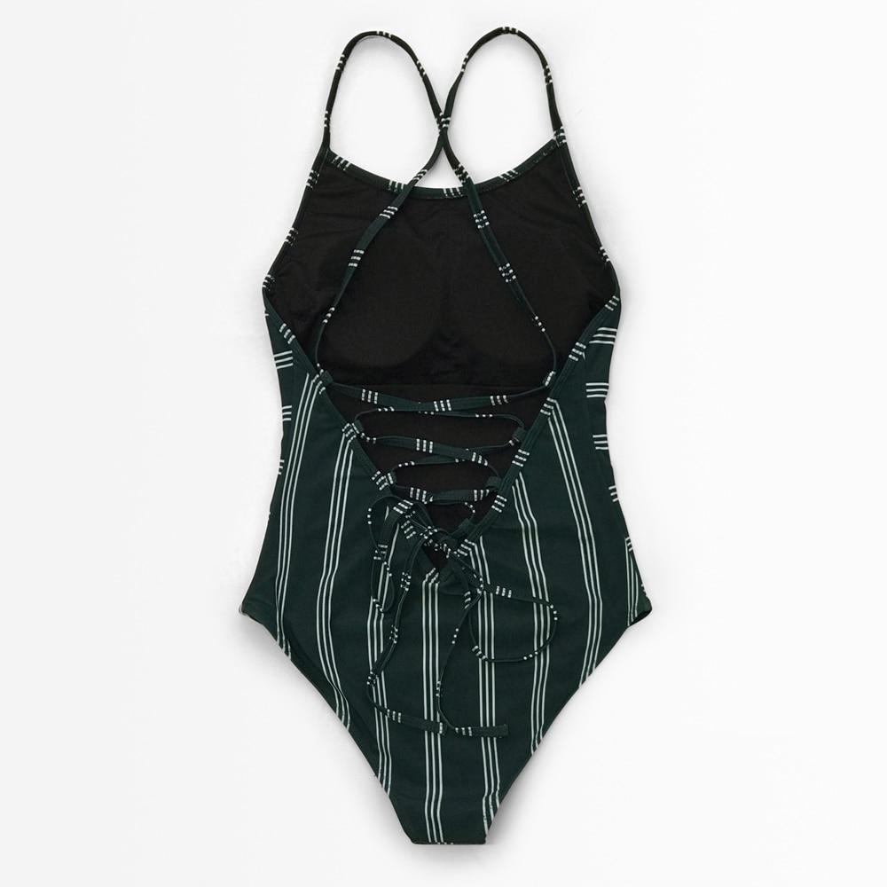 Dark Green And White Striped Lace-Up One-Piece Swimsuit