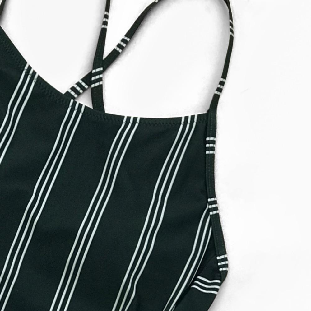 Dark Green And White Striped Lace-Up One-Piece Swimsuit