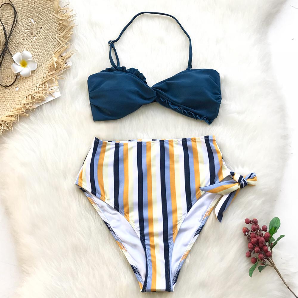 Blue And Yellow Stripe High Waist Bikini Set