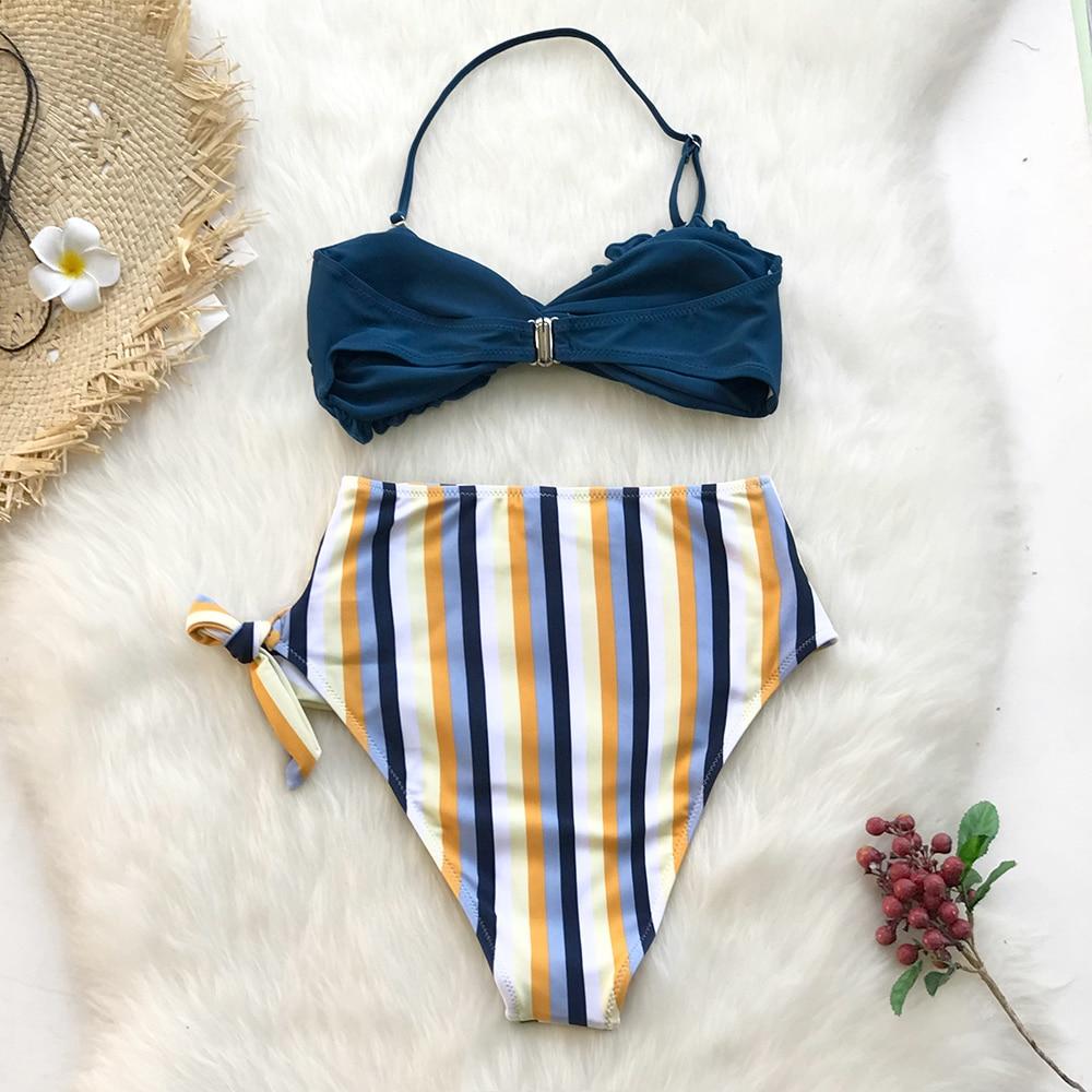 Blue And Yellow Stripe High Waist Bikini Set