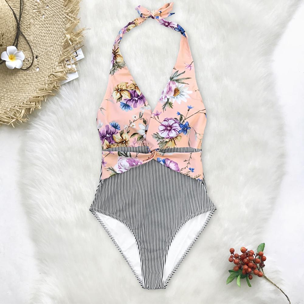 Pink Floral Black Striped Halter One Piece Swimsuit