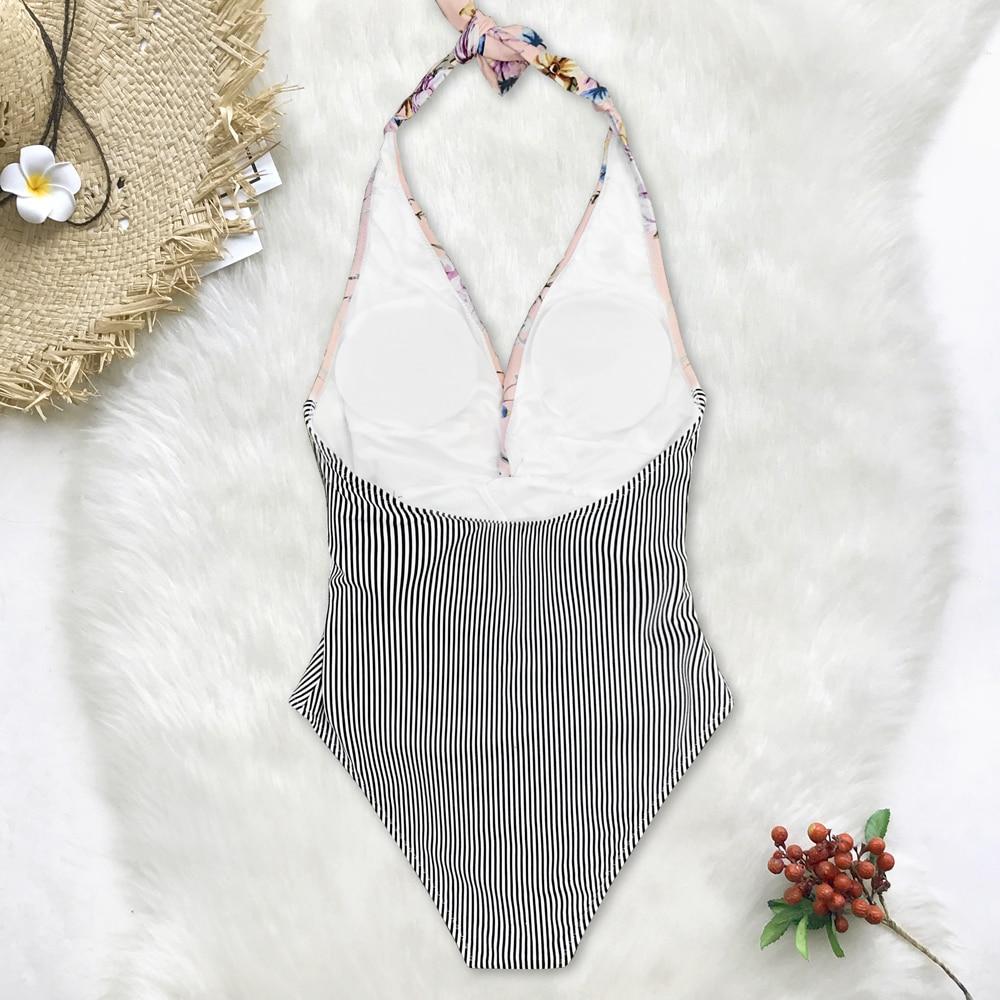 Pink Floral Black Striped Halter One Piece Swimsuit