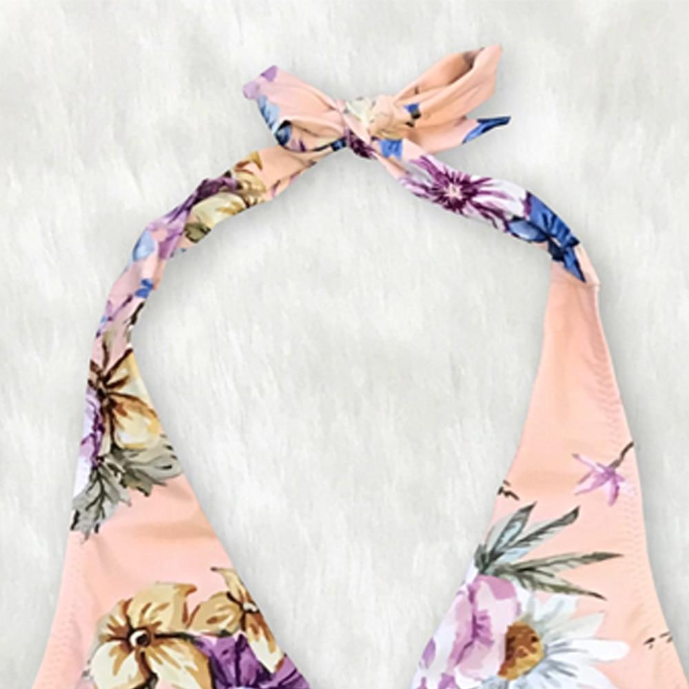 Pink Floral Black Striped Halter One Piece Swimsuit