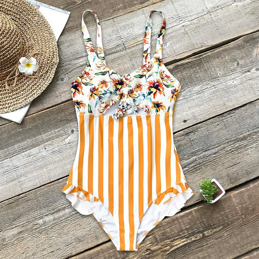 Orange Floral Stripe Ruffle One Piece Swimsuit