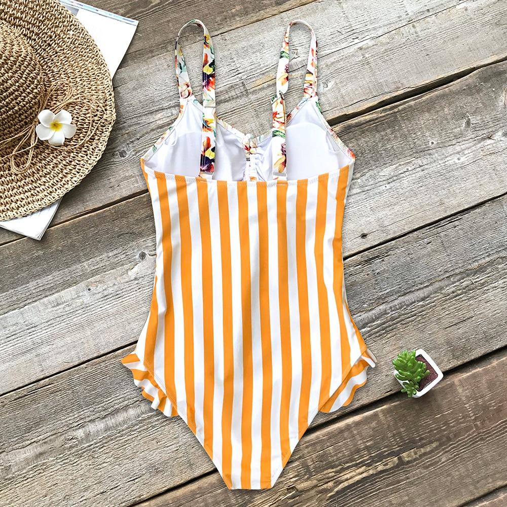 Orange Floral Stripe Ruffle One Piece Swimsuit