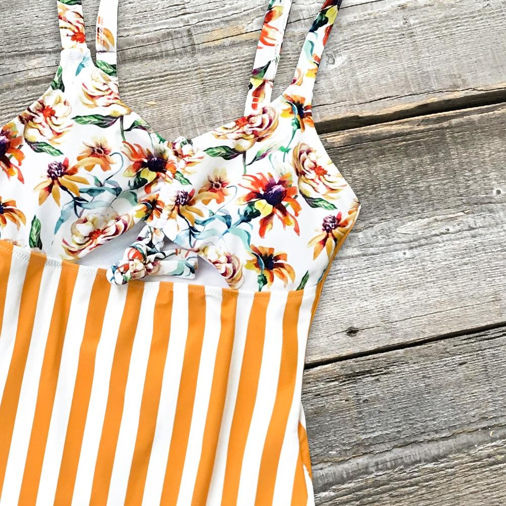 Orange Floral Stripe Ruffle One Piece Swimsuit