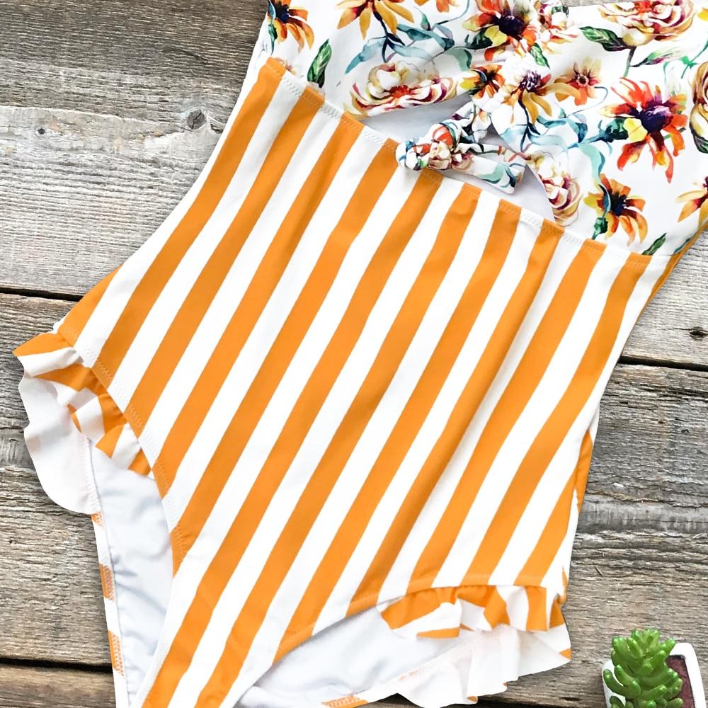 Orange Floral Stripe Ruffle One Piece Swimsuit