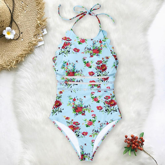 Blue And Red Floral Halter One Piece Swimsuit