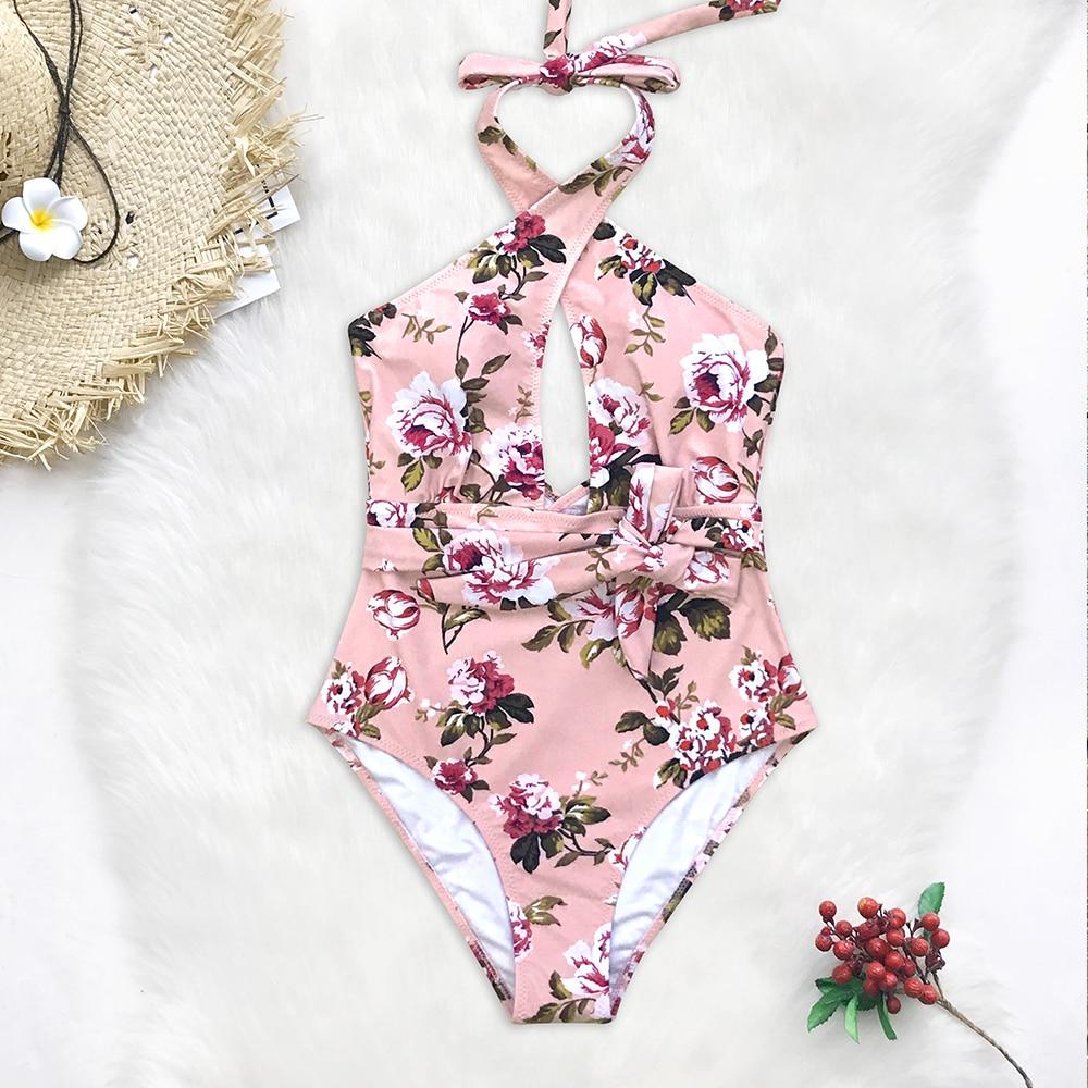 Pink Floral Belted Halter One Piece Swimsuit