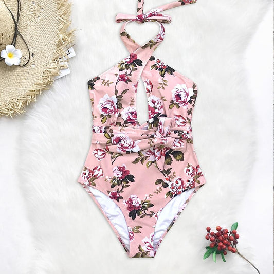 Pink Floral Belted Halter One Piece Swimsuit