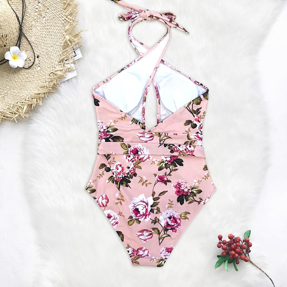 Pink Floral Belted Halter One Piece Swimsuit