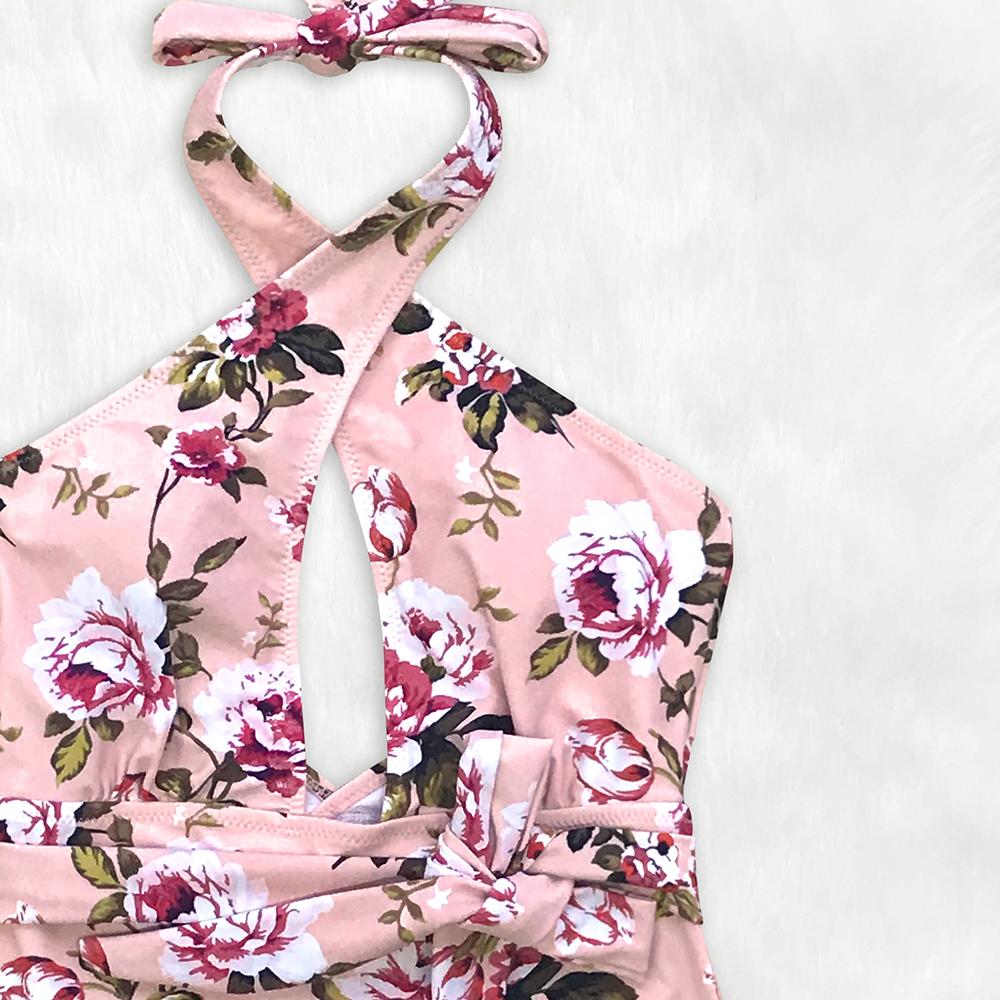 Pink Floral Belted Halter One Piece Swimsuit