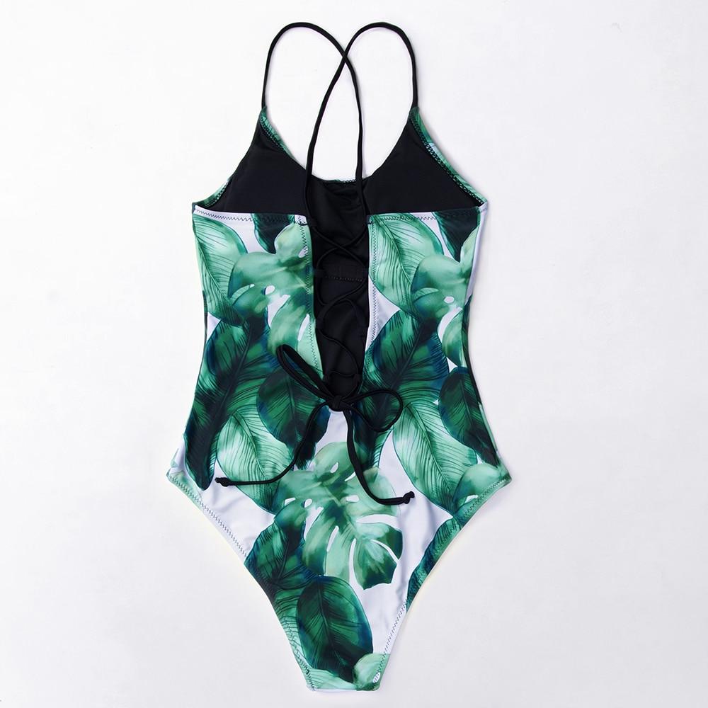 Tropical Leaf Lace-Up One Piece Swimsuit