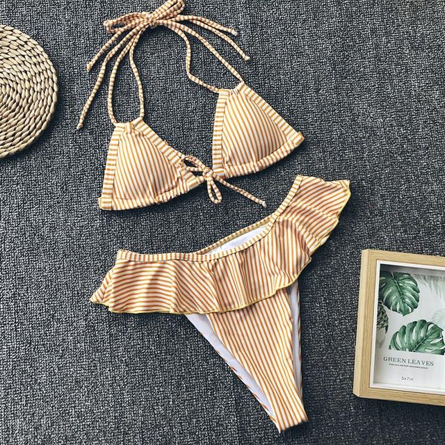 Striped Ruffled Bikini Set