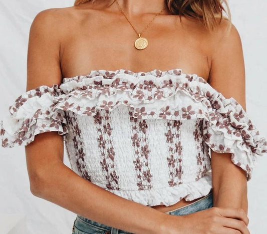 Faded Flower Print Off Shoulder Ruffled Top