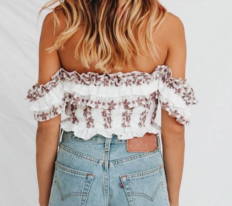 Faded Flower Print Off Shoulder Ruffled Top