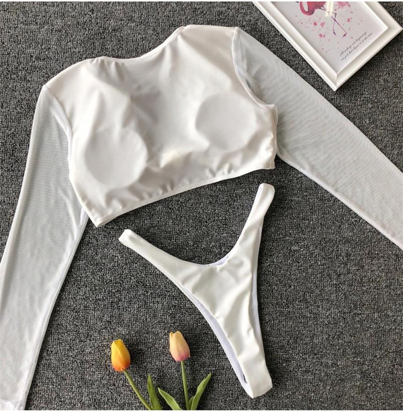 Long Sleeve Mesh Thong Bikini Set